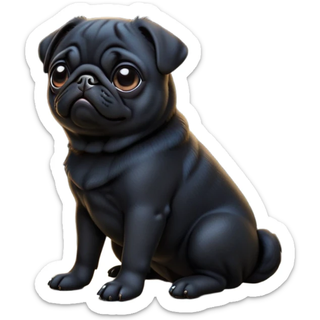 cinematic-[black pug]-realistic-full-body-sitting-emoji,-tail-resting-loosely-beside-its-paws,-head-tilted-dramatically, -sleek-[black]-fur,-simplified-yet-realistic-focused-features,-highly-detailed,-glowing-with-an-almost-sarcastic-glow sticker