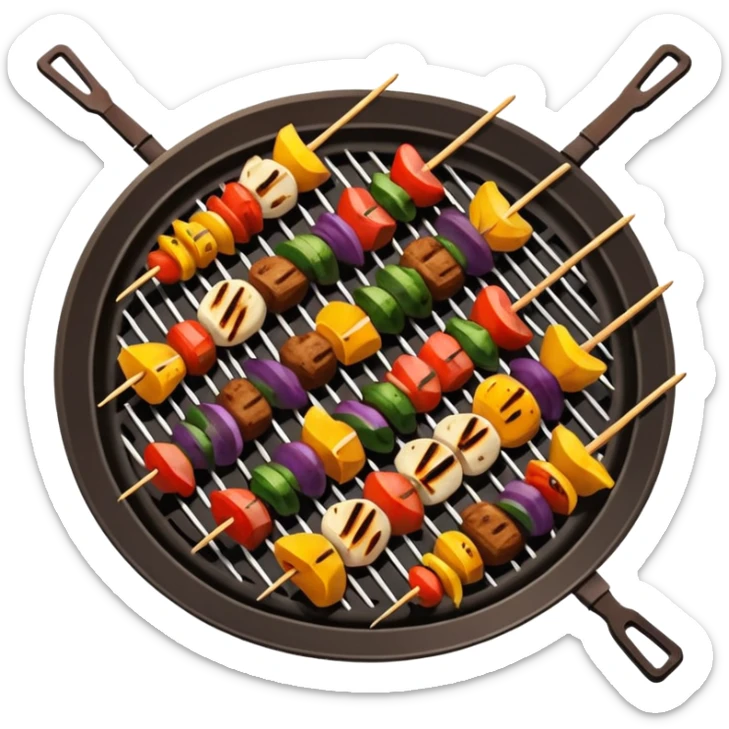 Grilled dishes avatar in bright emoji-style illustration. Skewers, BBQ, and grilled vegetables, warm fire tones, simple shapes, flat design, high contrast, tasty and inviting. sticker