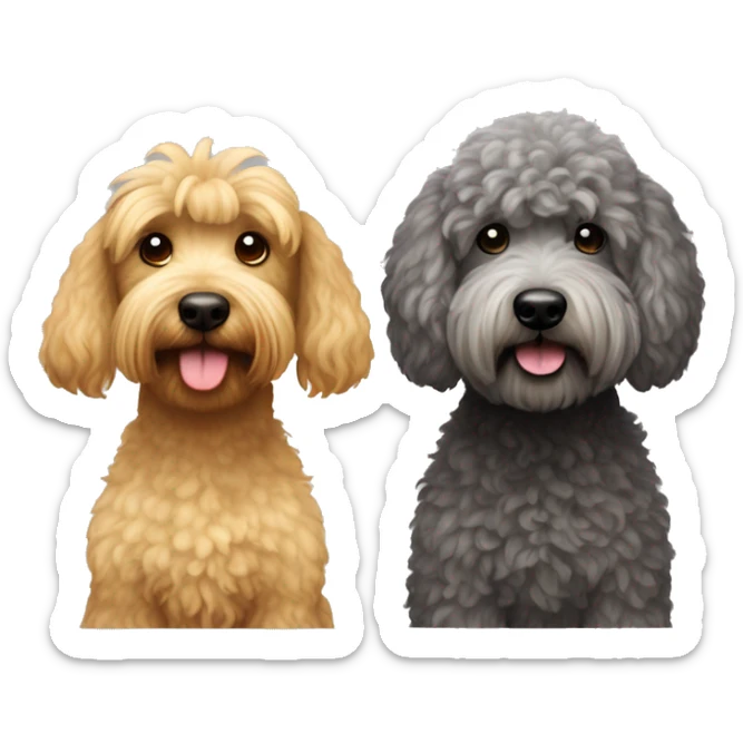 2 dogs, one is a dark grey whoodle with a poodle cut, the other is a wheaten terrier sticker