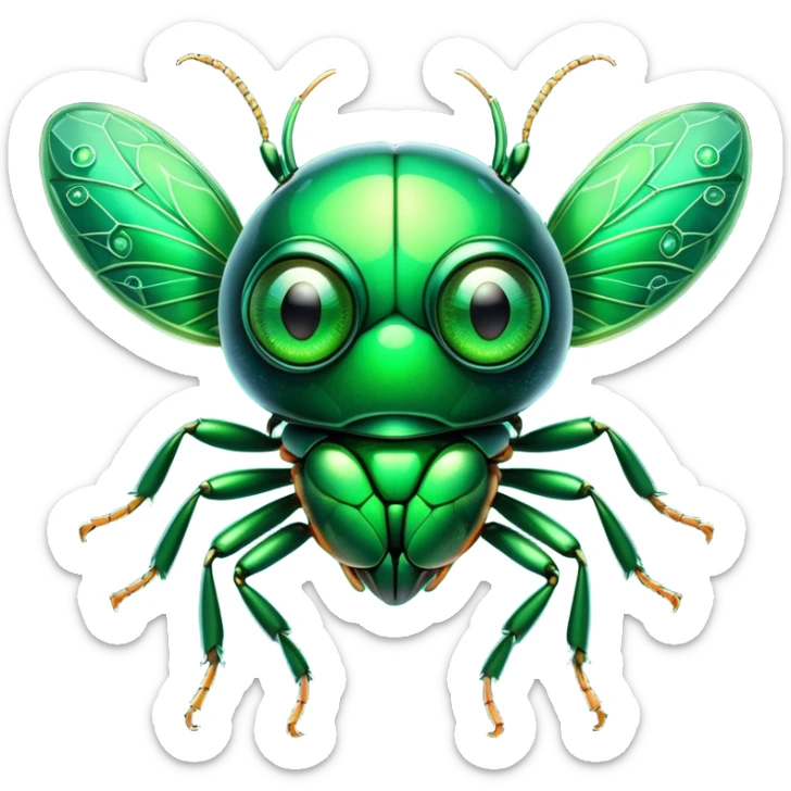 Cinematic Cute Green Bugdie Portrait Emoji, Head tilted playfully and inquisitively, featuring a glossy, vibrant emerald exoskeleton with intricate patterns, round, sparkling multifaceted eyes filled with curiosity, Simplified yet irresistibly adorable features, highly detailed, glowing with a warm, friendly glow, high shine, affectionate and lively, stylized with a touch of whimsy, bright and endearing, soft glowing outline, capturing the essence of a mischievous yet charming bug, so playful it feels like it could buzz out of the screen and into your arms! sticker