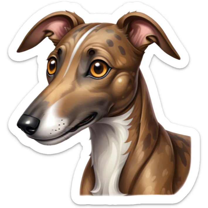 Cinematic Cute Brindle Greyhound Portrait Emoji, Head tilted playfully and inquisitively, featuring a sleek brindle Fur with subtle variations and round, sparkling eyes filled with curiosity, Simplified yet irresistibly adorable features, highly detailed, glowing with a warm, friendly glow, high shine, affectionate and nimble, stylized with a touch of whimsy, bright and endearing, soft glowing outline, capturing the essence of a mischievous yet loving companion, so playful it feels like it could sprint out of the screen and into your arms! sticker