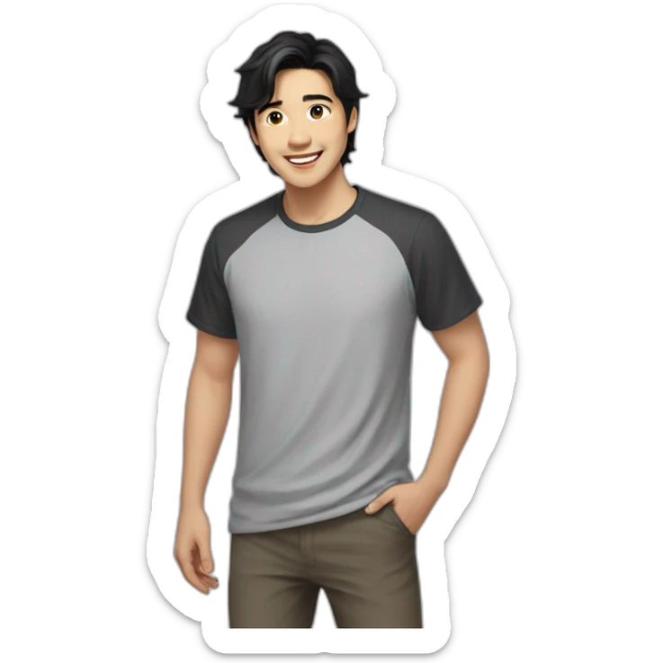 guy, black hair, medium length hair, in his 20s, very asian, smiling, t-shirt only, slight brown skin, dark brown eyes, slighty wavy hair sticker