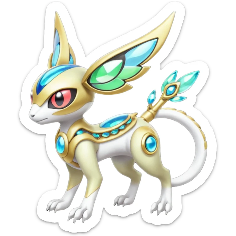 Shiny Colorful Futuristic Cyber-Vernid-Trico-Meloetta-Latias-Koraidon-Peppercat-Protogen-Pokémon-Digimon-Fakémon-fusion-hybrid-creature sticker
