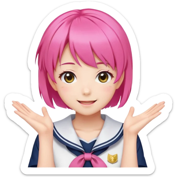 Anime girl with short bright pink hair wearing Japanese sailor style school uniform, composed posture with hand on hip but with excited smile and sparkling eyes, happy expression sticker