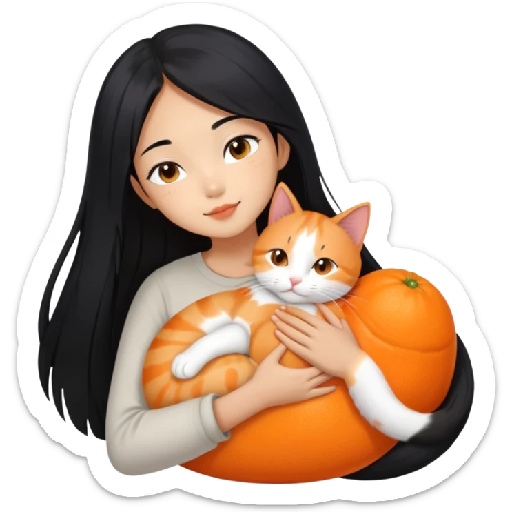 Oriental Asian girl with long black hair snuggling with an orange and white cat, cat is mostly white with orange patches, the girl is holding the cat lovingly sticker