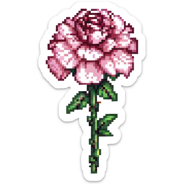 pixel art carnation flower, pink petals, green stem, retro video game style sticker