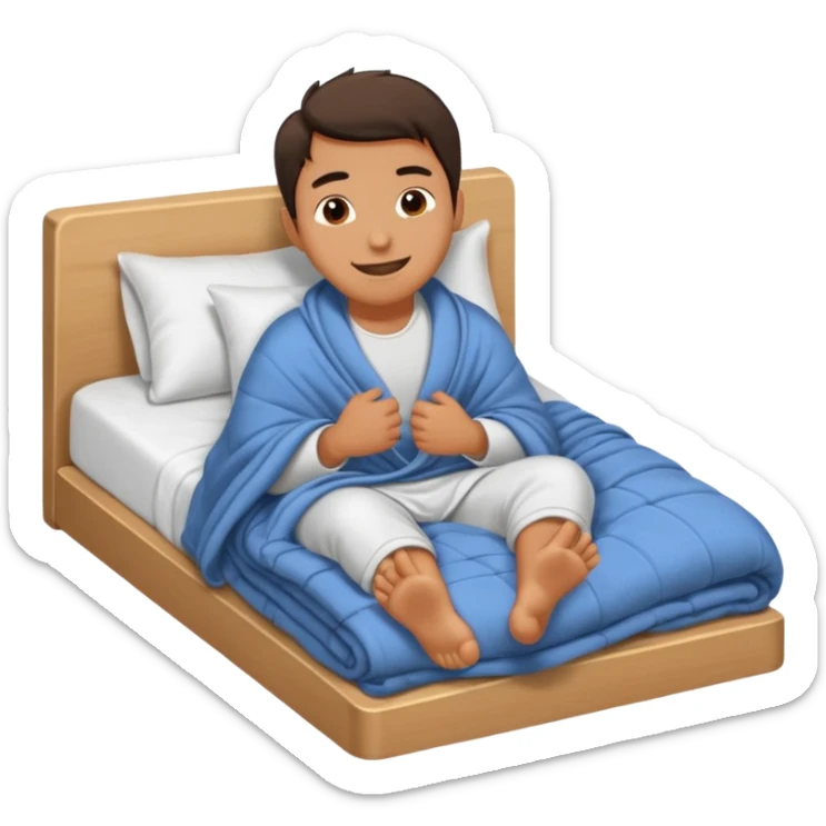 A man in bed under covers kicking feet because so excited to sleep. Eyes are closed and he is smiling. Show his feet sticker