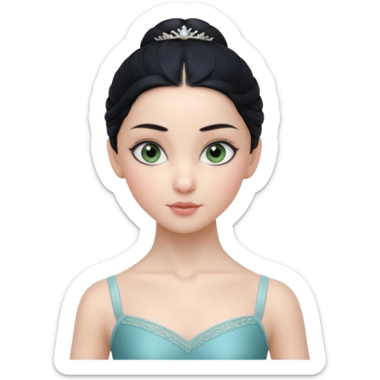 Cinematic Realistic ballerina Medium Blue Portrait, depicted with lifelike skin texture, subtle rosy undertones, and soft natural lighting that enhances the gentle contours of her face. Her intricately detailed sweet black hair is elegantly styled, green eyes sticker