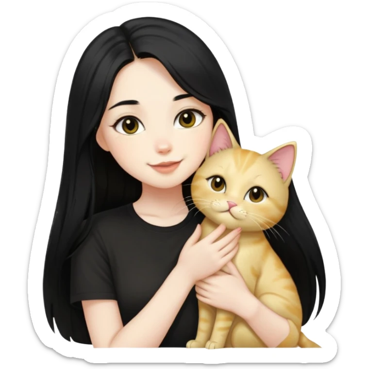 pale girl  with dark eyes and long black hair wearing black shirt kissing light gold cat holding smiling  sticker