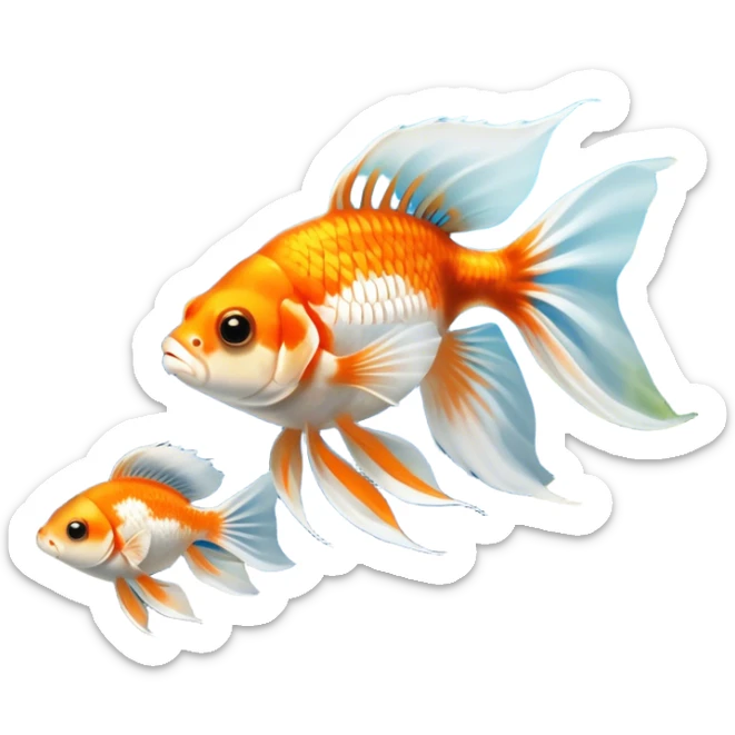 Large aquarium fish like veil tails and lionhead goldfish swimming gracefully in a beautifully decorated aquarium. Colorful aquatic plants, smooth rocks, and gentle bubbles surround the fish. The water shimmers in sunlight, creating a peaceful and vibrant underwater scene. Transparent background. sticker