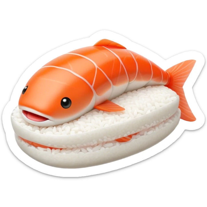 Cute Kawaii Nigiri Sushi, plump and happy, a soft white rice pillow topped with bright orange salmon, tiny blushing cheeks, big round eyes, a joyful floating expression! sticker
