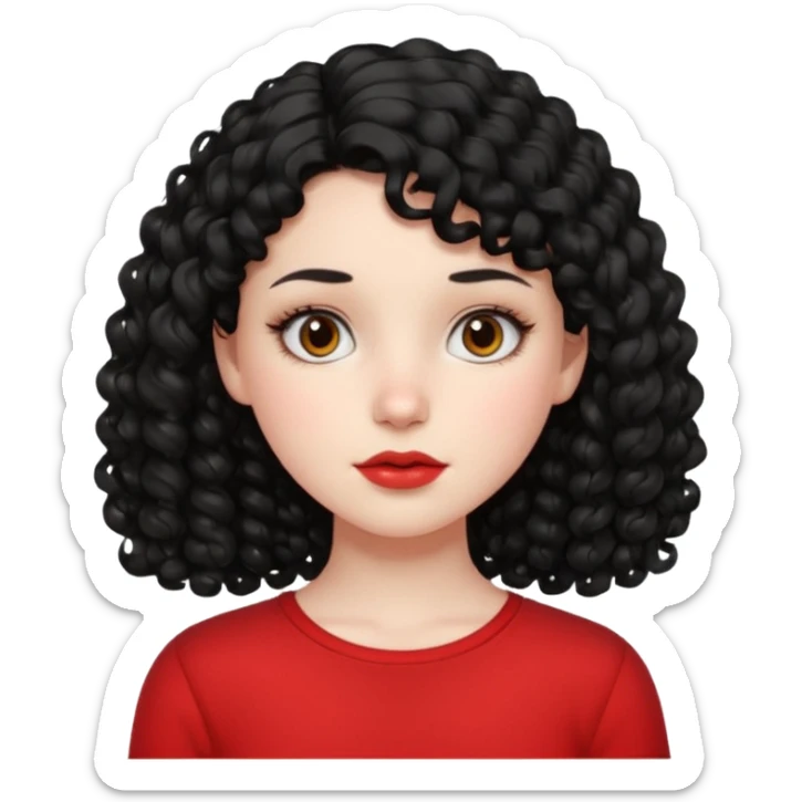 Side part black curly hair girl with mole above left side of lip pale skin red top sticker