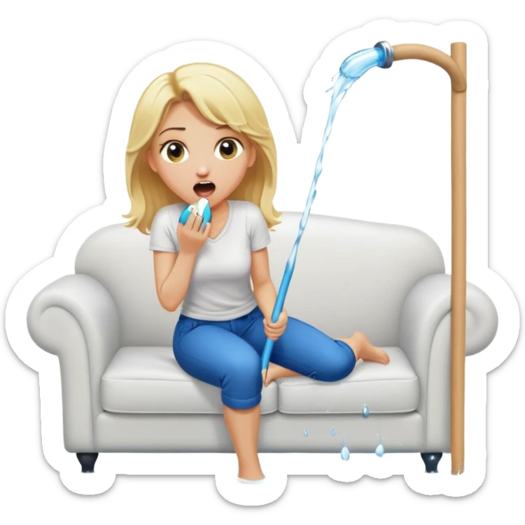 simple blond woman kneeling, surprised, big cartoon stick with D-shaped knob emerging from hanging pants, water splash into her mouth, white sofa in the background sticker