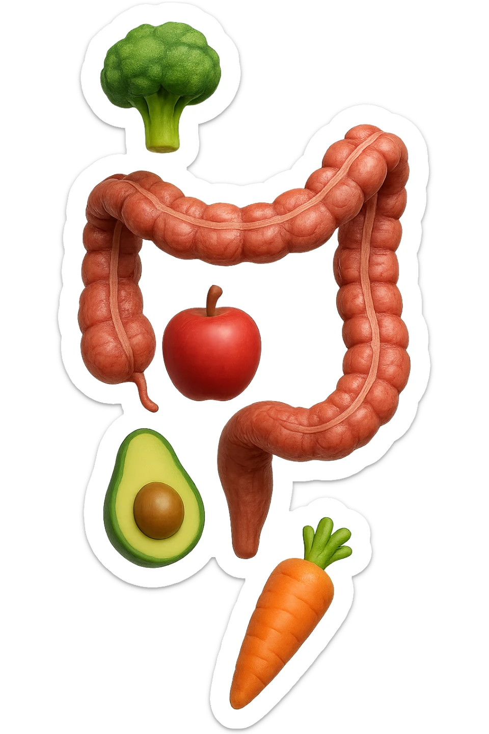 emoji stile iphone in 3d di cibo sano che fluttua in aria vericalmente insieme a pezzi di colon umano anatomico, iperrealistico 4k sticker