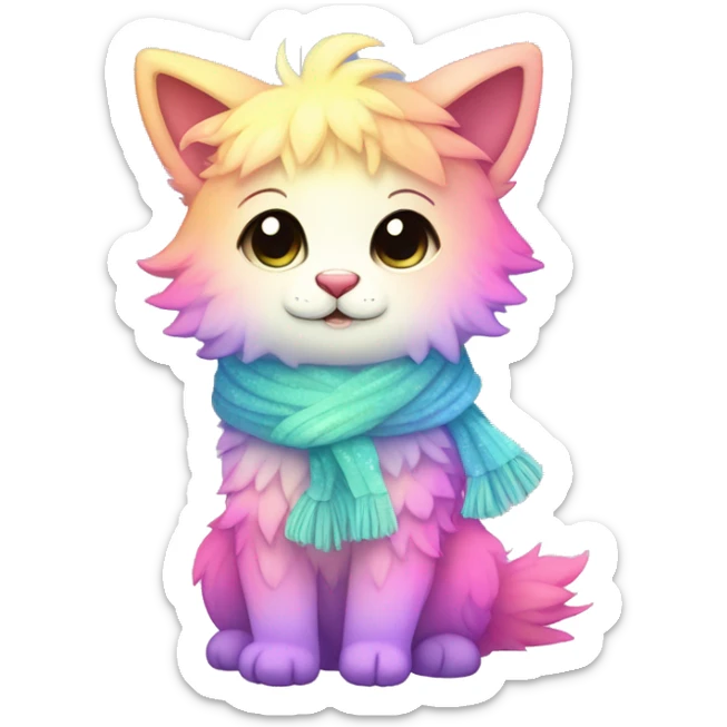 Edgy Kawaii cute gorgeous colorful sparkly bright light pastel gradient fantasy ethereal fluffy fursona animal creature with a cute scarf full body sticker
