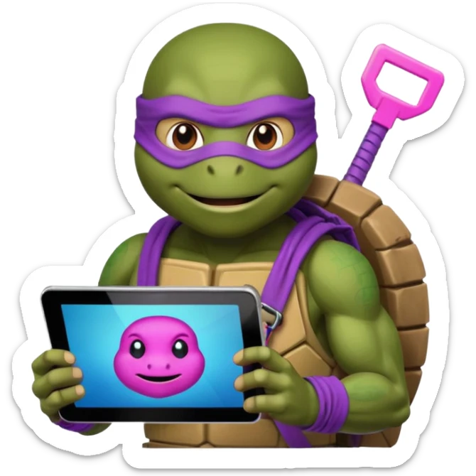 Donatello from Teenage Mutant Ninja Turtles, emoji style, with a tablet showing a hacking screen and a tech accessory, with a pink hacking interface on the screen sticker