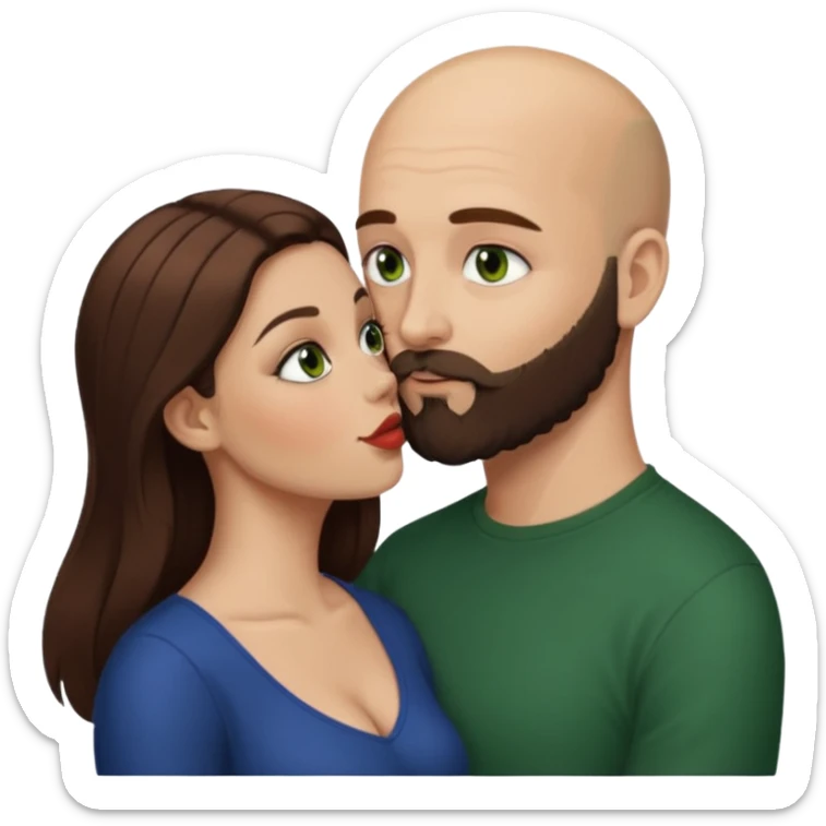 Man beard bald white dark green eyes, woman medium hair brown brown eyed latina kissing sticker