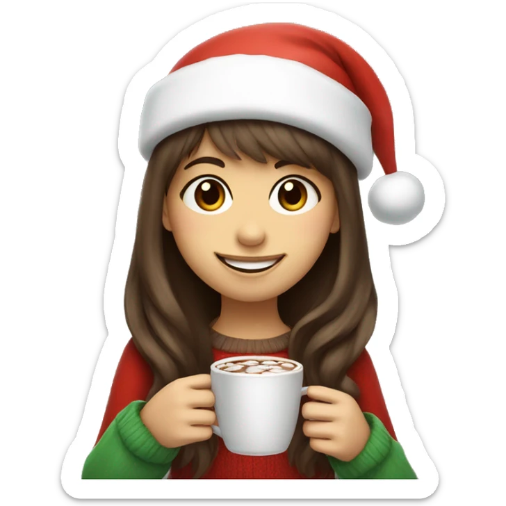 Smiling girl with long brown hair wispy bangs wearing a Santa hat and holding hot chocolate  sticker