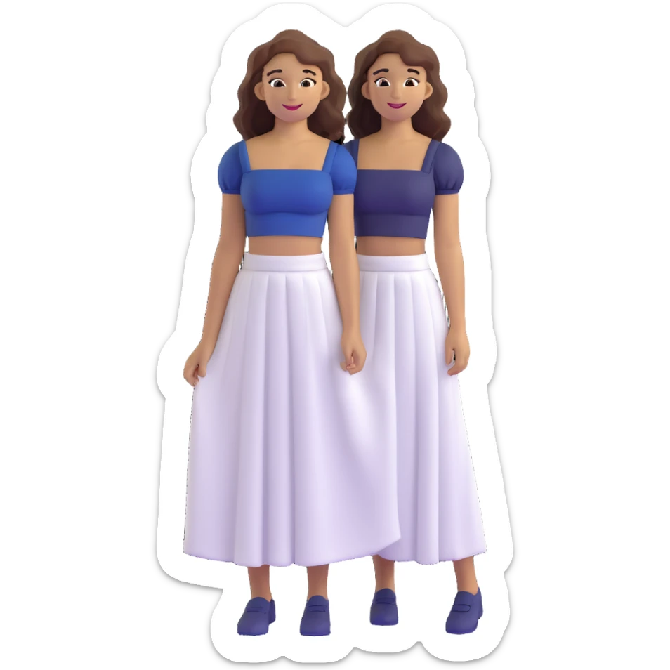 tan girl with wavy hair, white long skirt, navy blue ruched square neck crop top, smiling, standing pose sticker