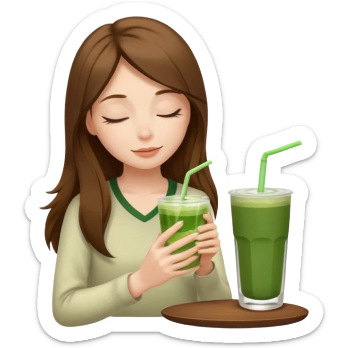 White girl with long brown hair eyes closed enjoying matcha drink  sticker