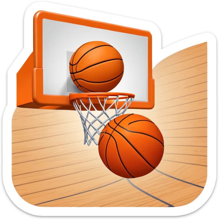 A close-up shot of a basketball entering the hoop, with the ball swishing through and inside  the basket. The background features a blurred basketball court, emphasizing the perfect shot and the excitement of the game. sticker