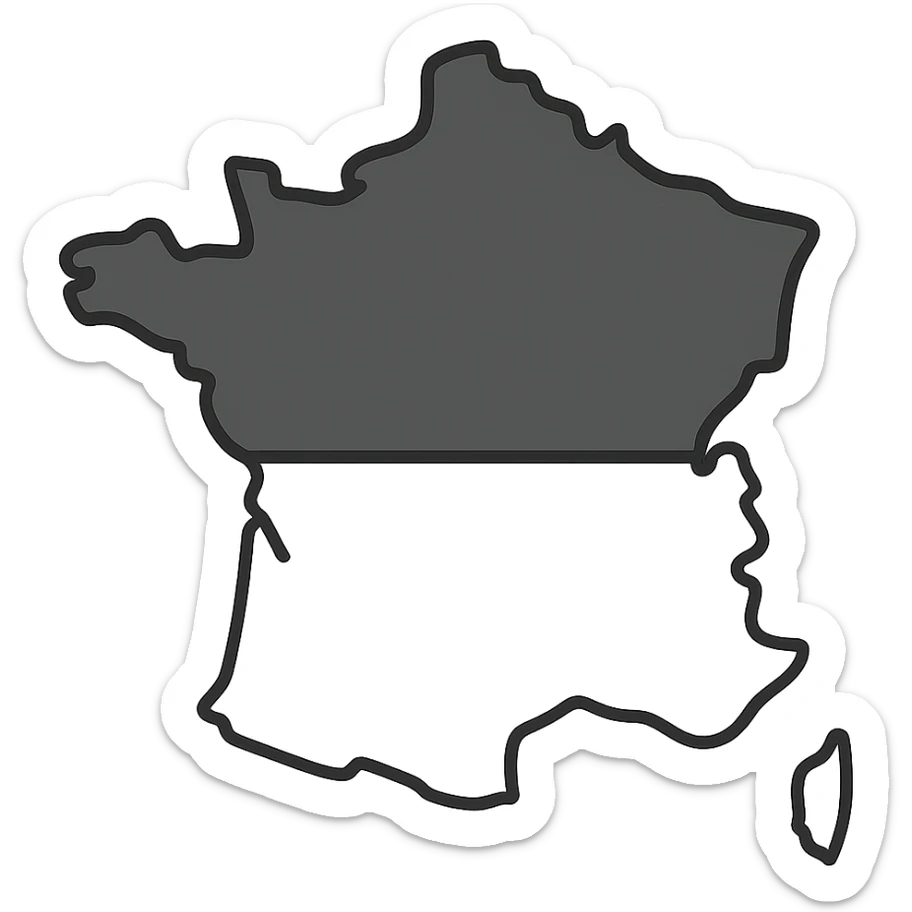 clean and modern silhouette of France with clear division, north in black, south in white, no text sticker