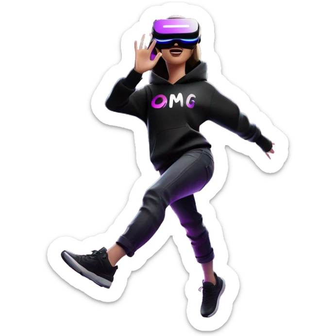 Russian girl wearing black hoody with violet letters "OMG", in vr headset oculus quest2. jumping. Cyberpunk style. Violet neon. sticker