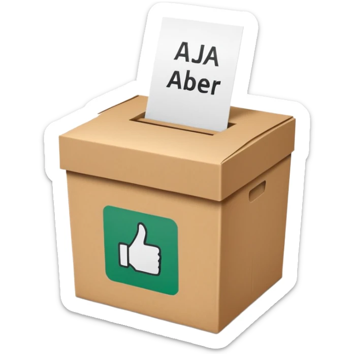 Vote box with 'Ja, aber' written on the front and paper entering the top slot sticker