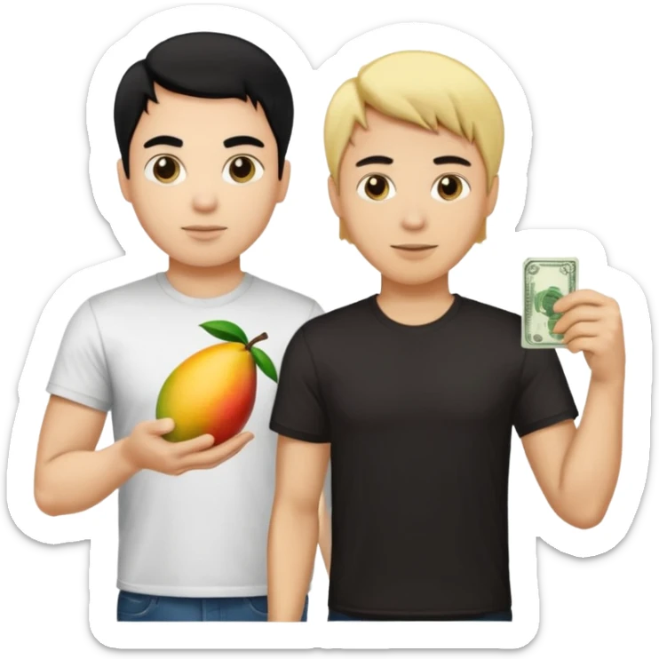 BLACK HAIR LIGHT SKIN MAN WITH A T-SHIRT WITH A MANGO ON IT, AND HIS BOSS LIGHT SKIN MAN BLONDE HAIR DANDOLE DINERO sticker