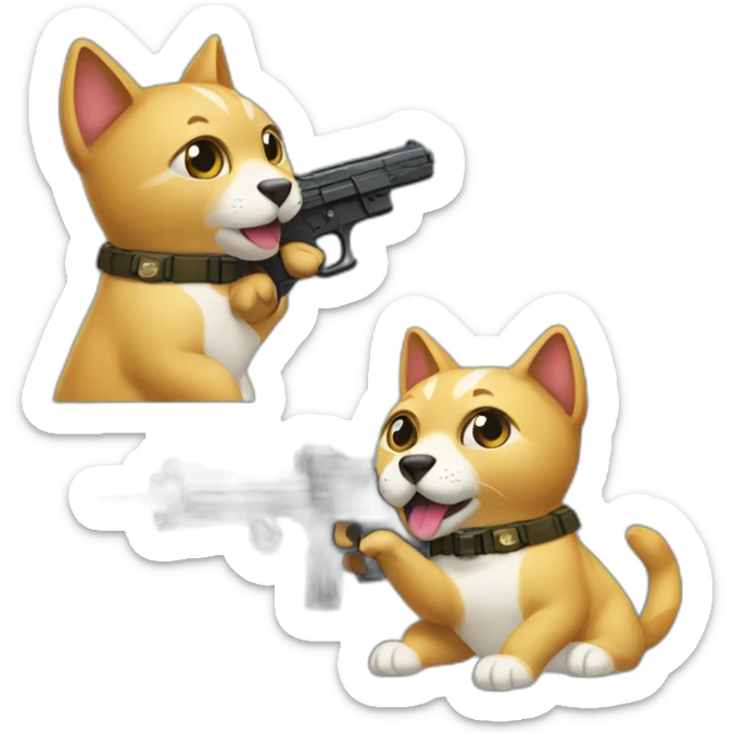 cat with gun like doge_gun emoji (doge gun https//emoji.gg/emoji/1311-doge-gun) btw make it look left and copy dogo emoji sticker