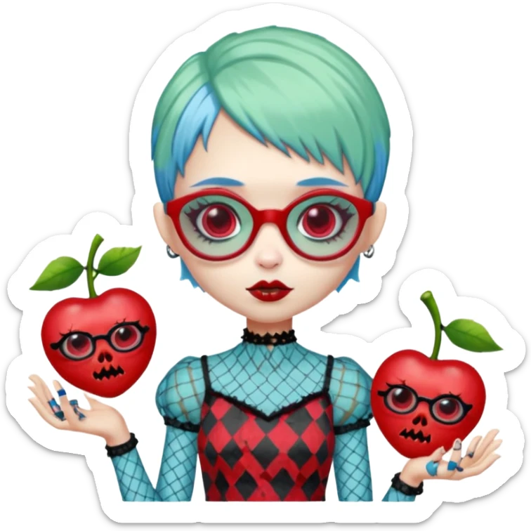 Ghoulia yelps monster high doll in scene/emo style cherry print dress with fishnet sleeves, clothes, thin, small, red, rectangle glasses, pale white-blue skin, pale-green pixie-cut, zombie scars , boy sticker