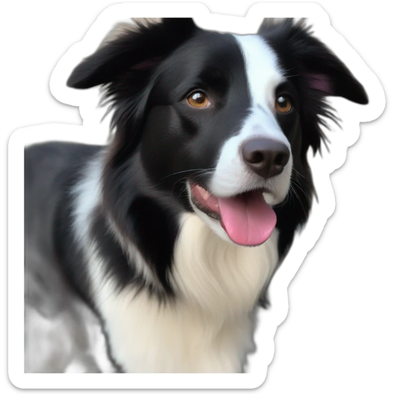 white and black dog with dark brown eyes happy  short hair mixed breed as border collie 2 years old with sticker
