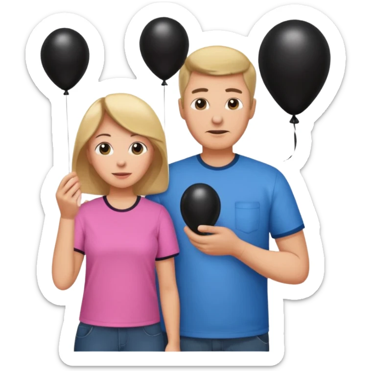 Mom in pink shirt dad in blue shirt holding black baloon sticker