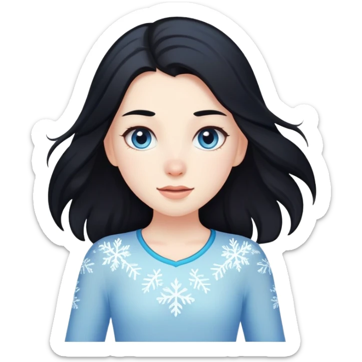 pale girl with long black hair ice skating, iOS emoji style sticker