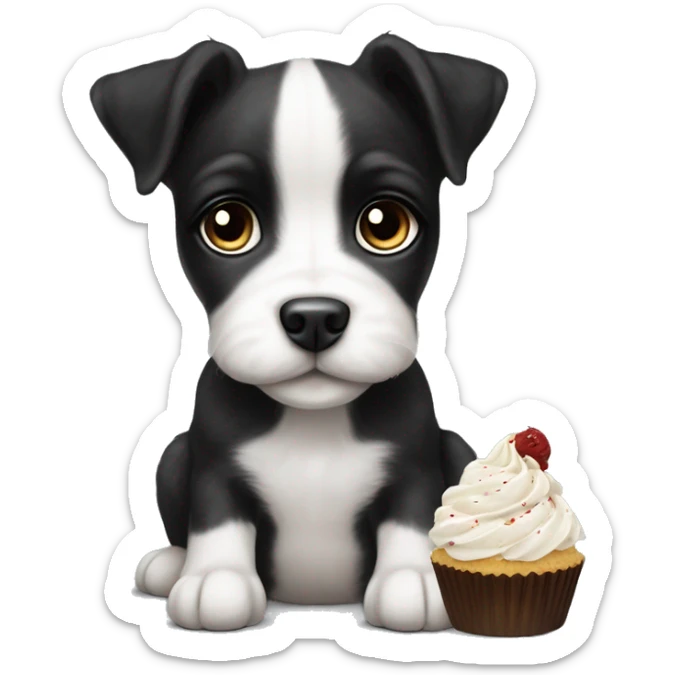 Cute big eyed Black and white teddy Roosevelt terrier puppy runt (no brown) eating a cupcake sticker