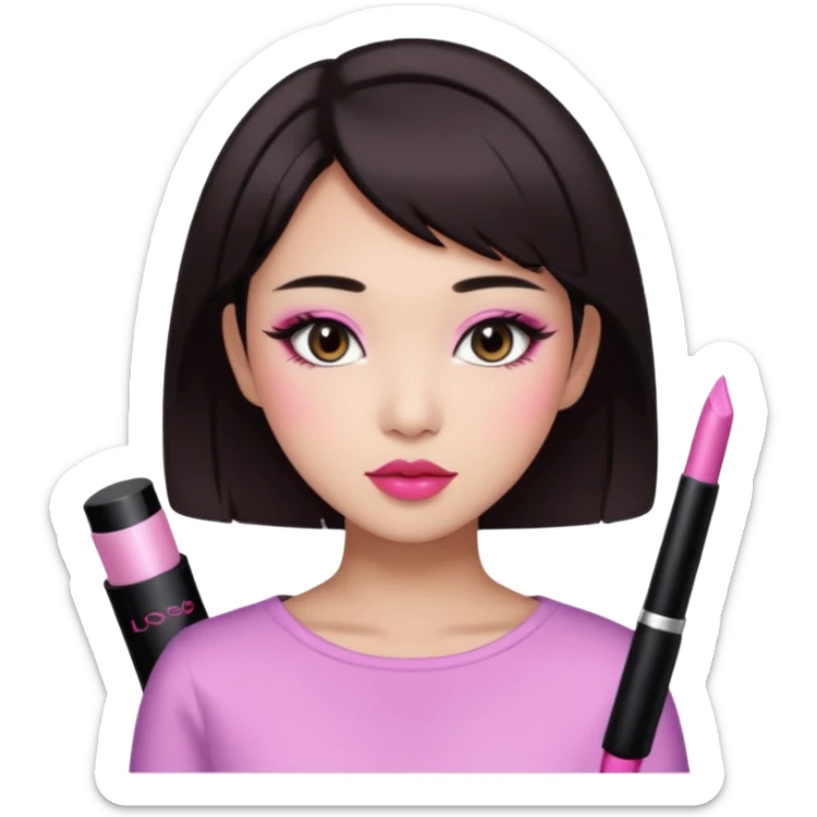 asian girl with short dark brown hair and dark brown eyes with a soft girl pink glowup aesthetic sticker
