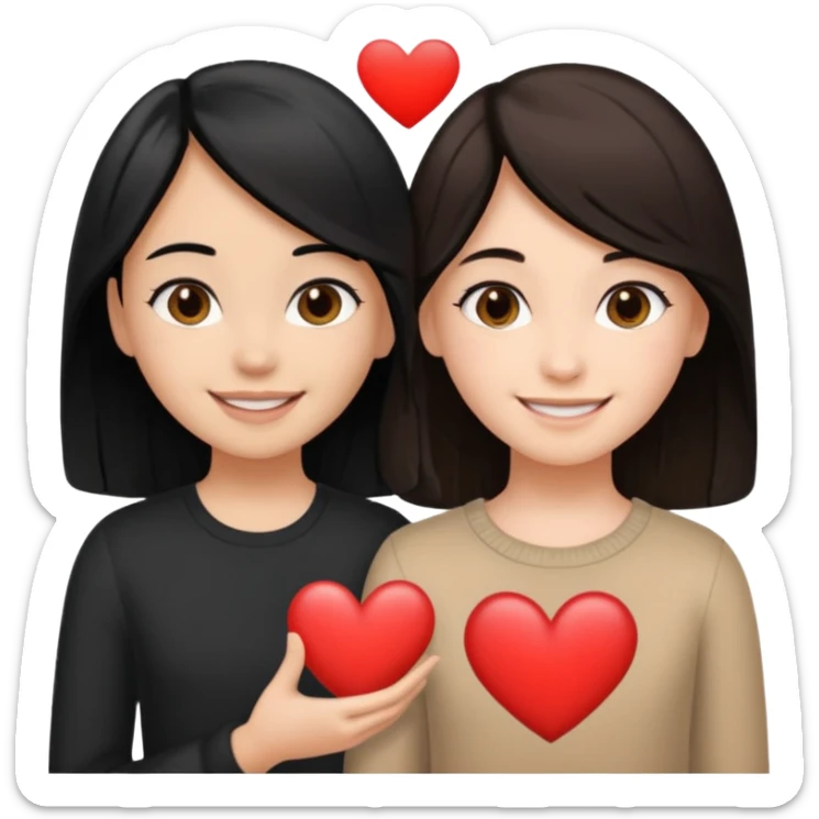 2 girls that have a heart one hair black the other brown  ( brown abd black) long hair one of them other short sticker