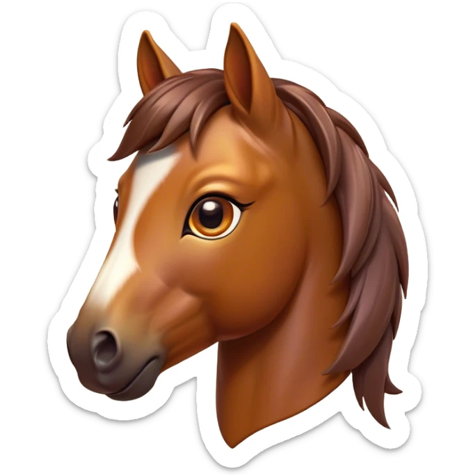 Cinematic Cute Bay Horse Portrait Emoji, Head tilted playfully and inquisitively, showcasing a glossy bay fur with a vibrant sheen and expressive amber eyes filled with curiosity, Simplified yet irresistibly adorable features, highly detailed, glowing with a warm, friendly glow, high shine, affectionate and spirited, stylized with a touch of whimsy, bright and endearing, soft glowing outline, capturing the essence of a mischievous yet loving horse, so playful it feels like it could prance out of the screen and into your arms! sticker