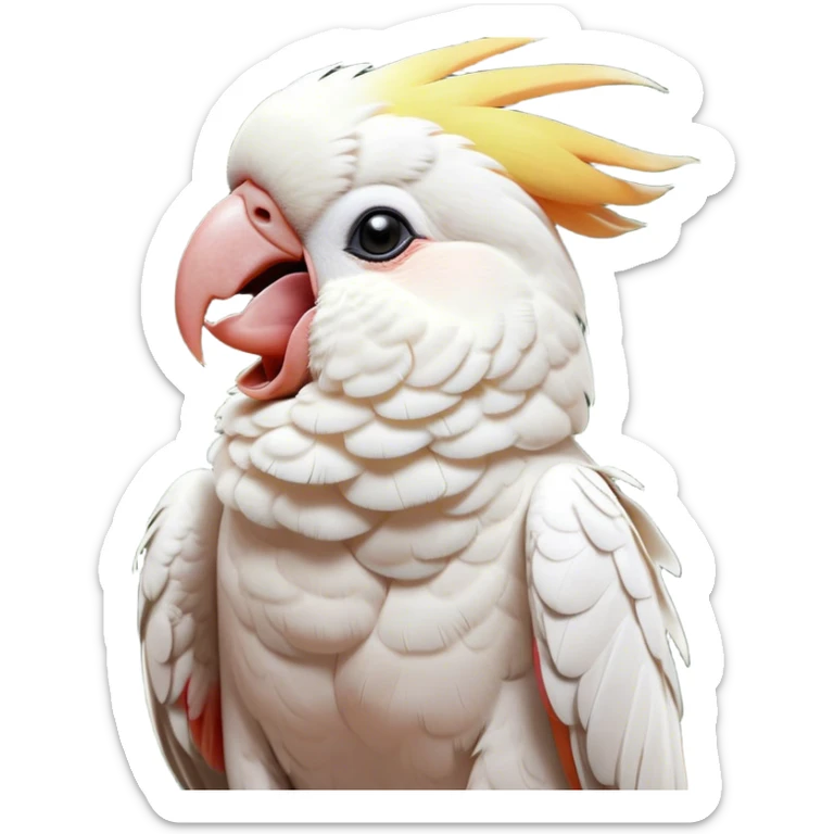 Cinematic Cute Yawning Cockatoo Portrait Emoji, Head tilted slightly with a dramatic, wide-open yawn, showcasing a plump, feathered body with a softly drooping crest and sleepy, half-closed eyes, Simplified yet irresistibly adorable features, highly detailed, glowing with a soft, cozy tropical glow, high shine, relaxed yet expressive, stylized with a dash of whimsical avian charm, soft glowing outline, capturing the essence of a drowsy yet affectionate cockatoo that appears ready to stretch out and yawn its way off the screen! sticker