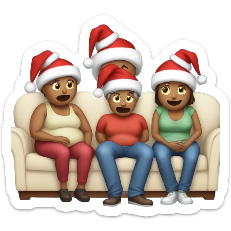Family sitting on couch wearing Christmas hats and one person burping sleeping with fat belly’s after eating too much turkey sticker