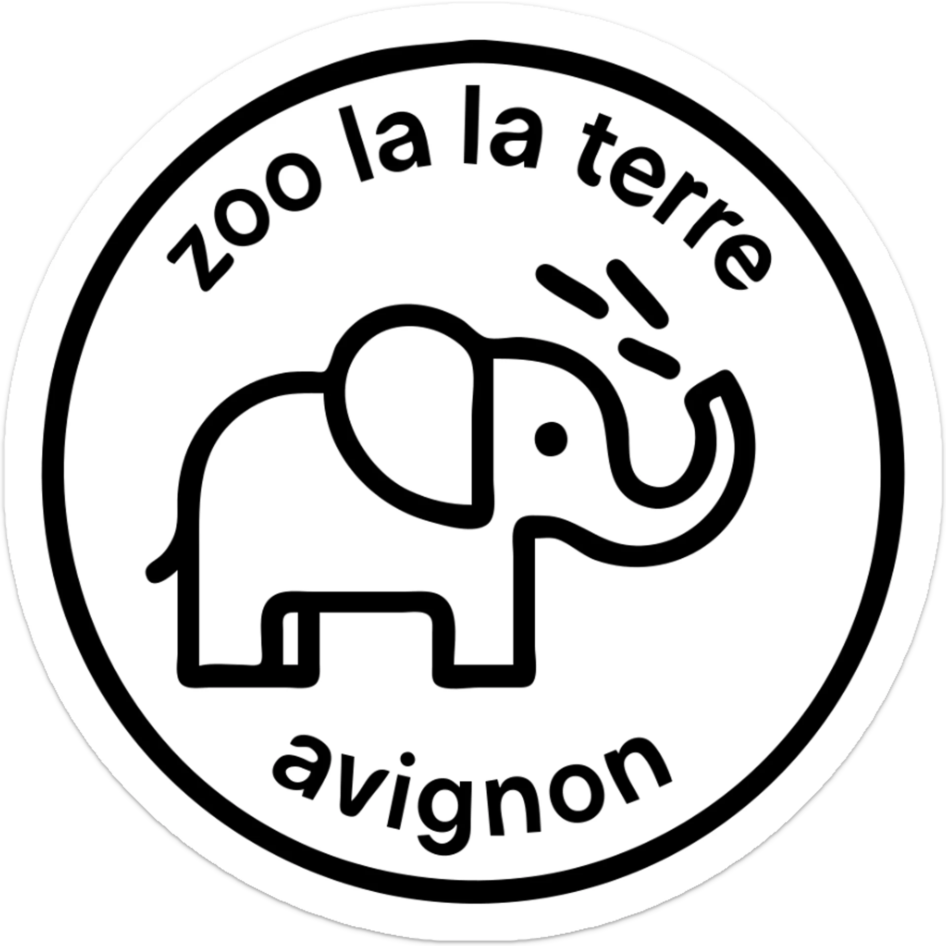 Logo avce un éléphant qui projette de l'eau avec au tour ( en rond ) écris : zoo de la terre avignon  sticker