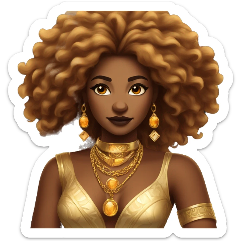 Create an emoji of a confident woman with voluminous lion-like hair, bold makeup, and gold jewelry, embodying the Leo zodiac sign with a regal expression and fiery energy. sticker