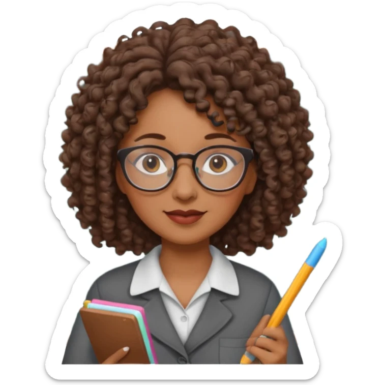 woman teacher, brown skin, curly hair, old, wearing glasses, hold chalk on hand sticker