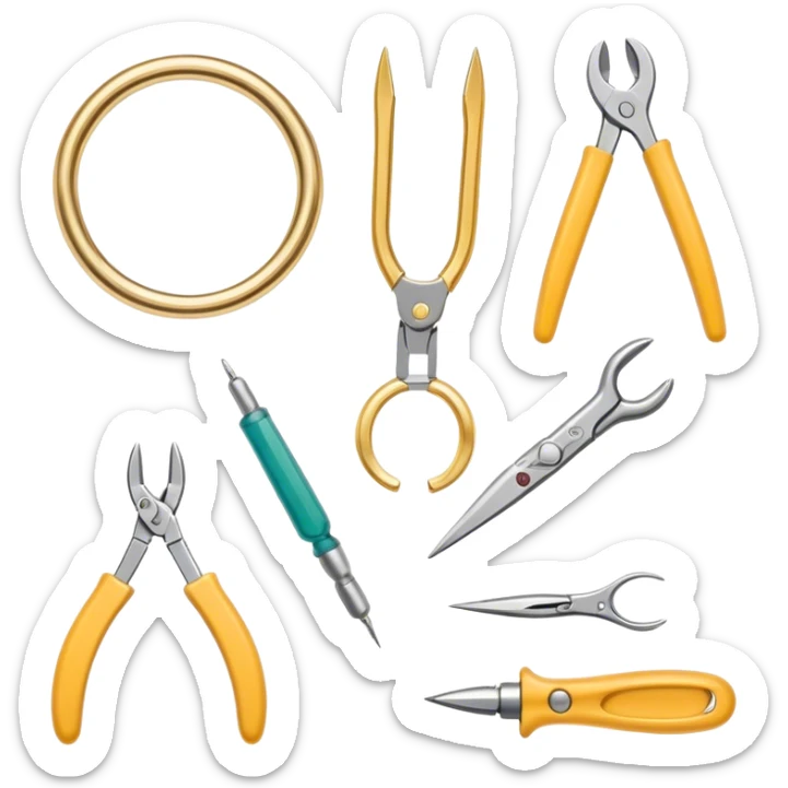 Jewelry art icon, various jewelry pieces like rings, necklaces, and bracelets in progress, visible tools such as pliers, gemstone, wire, and soldering equipment, minimalistic style, clean lines, transparent background. sticker