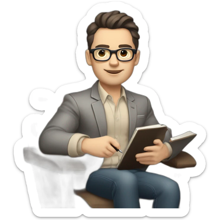 Pale skinned Fit Man With dark brown hair in gray jacket, beige office shirt and vintage glasses sitting In a soft chair with a notebook with emblem Ψ and a pen in his hands sticker
