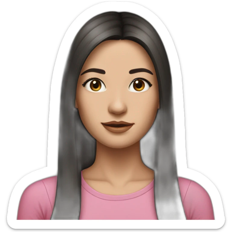 caucasian woman, with long straight hair, black  hair, brown eyes,with a pink top,hyperrealist sticker