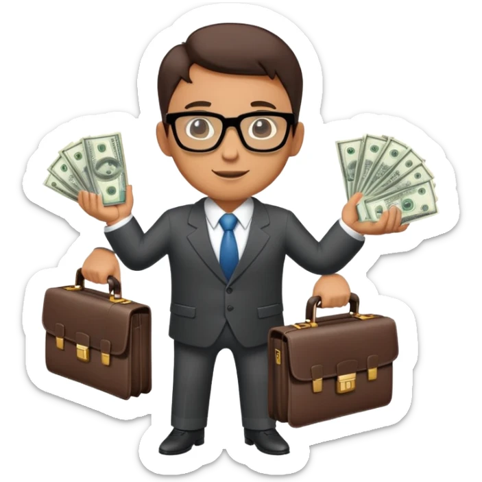 Male businessman wearing a suit and glasses holding open a briefcase showing stacks of dollar bills inside sticker
