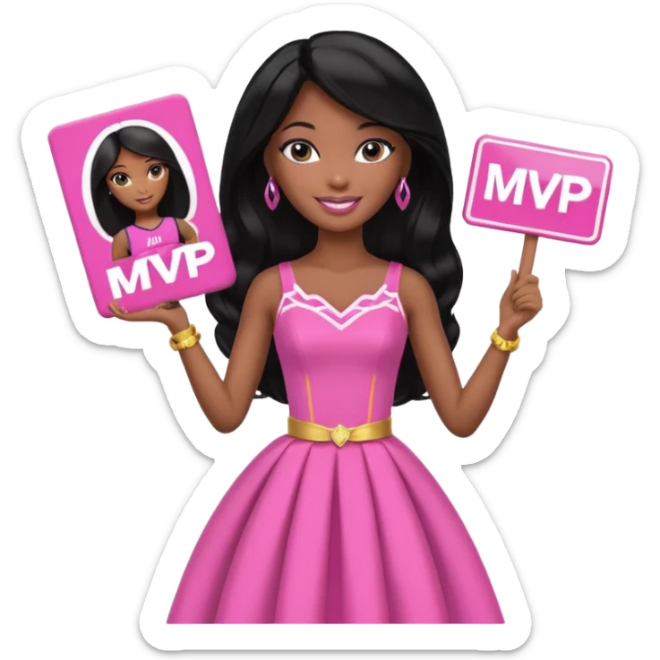 Black barbie, long black  hair, pink dress holding mvp sign  sticker