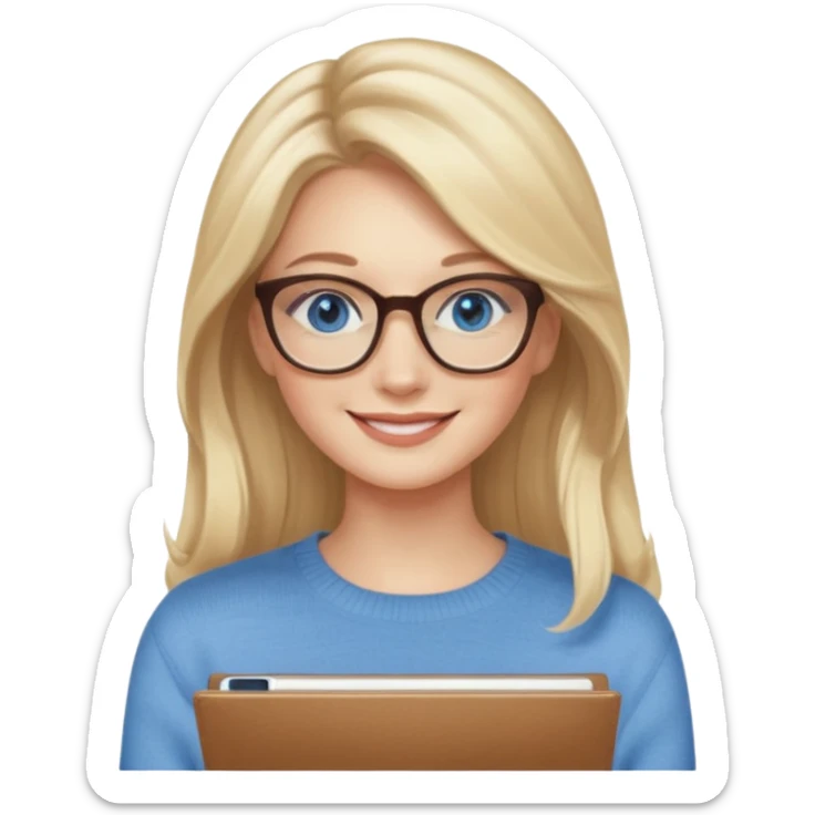 hyper realistic glamourous pale woman, Long blonde balayage hair, smiling, beige sweater, blue eyes and glasses sticker