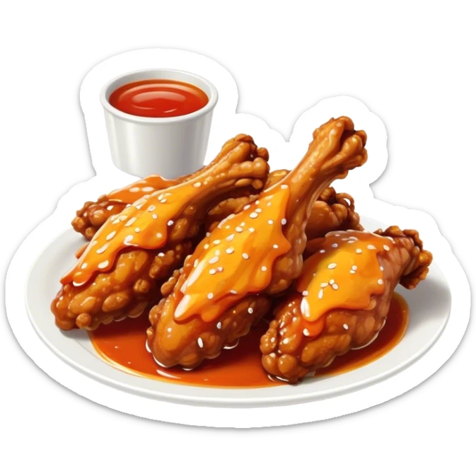 Cinematic crispy chicken wings, golden-brown and glazed with spicy sauce, crunchy coating, juicy inside, piled high with dipping sauce on the side, ultra-realistic and mouthwatering, inviting and bold. sticker